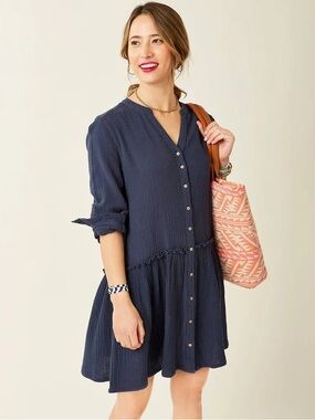 Carve Designs Navy Button-Front Long Sleeve Dress